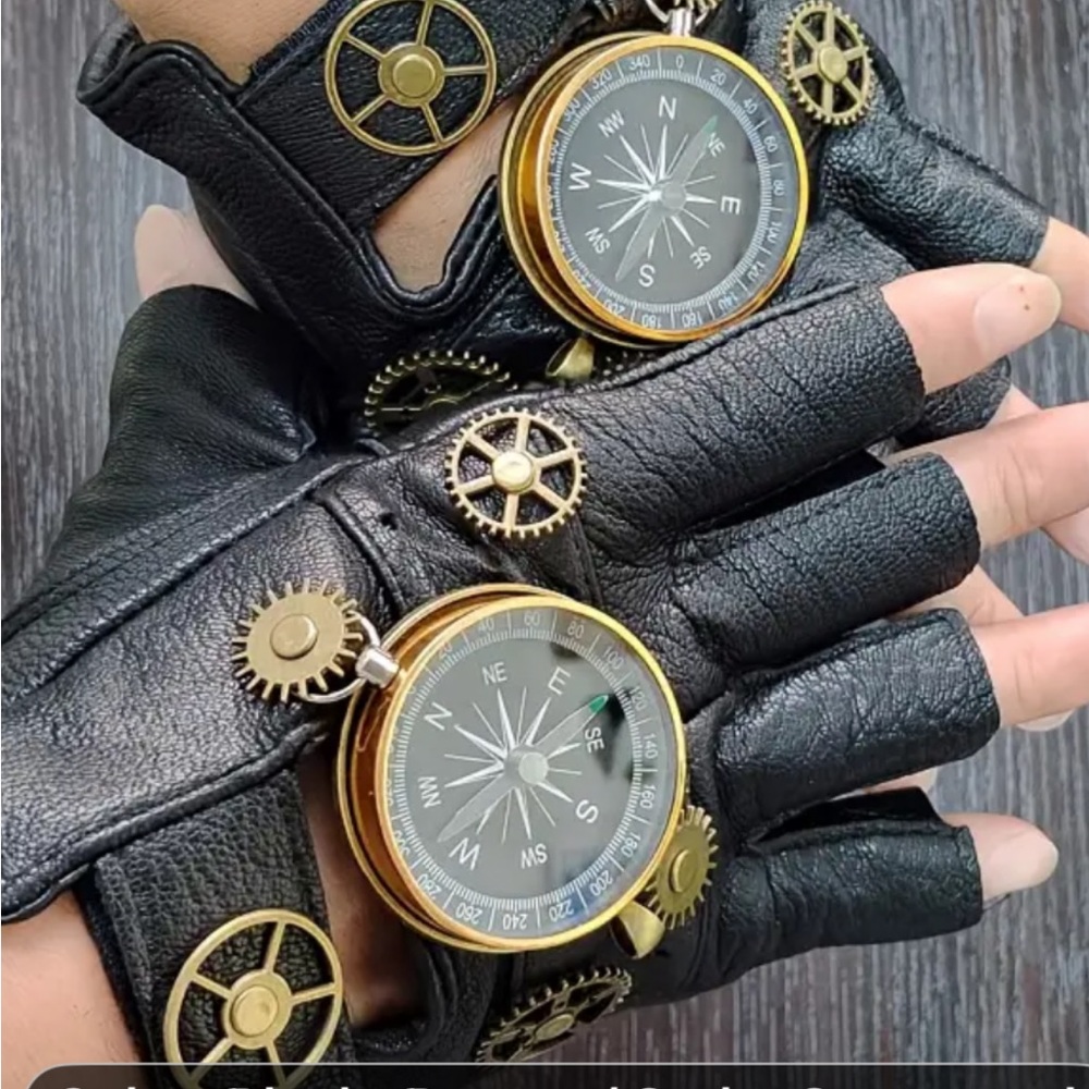 Steampunk Black Leather Gloves with Compass